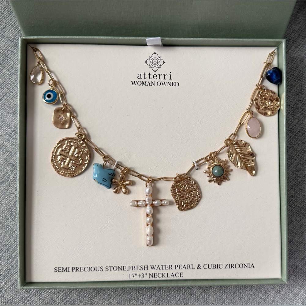 aterri Semi Precious Stone, Fresh Water Pearl & Cubic Zirconia Necklace NWT